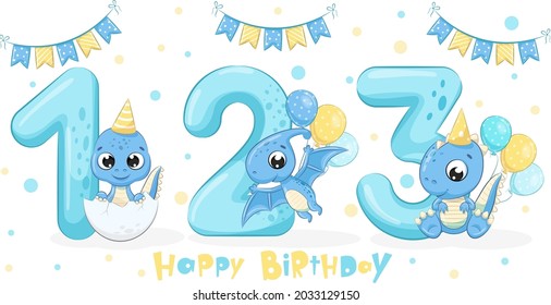 Set of 3 cute blue dinosaurs "Happy birthday, 1,2,3 years". Vector illustration of a cartoon.