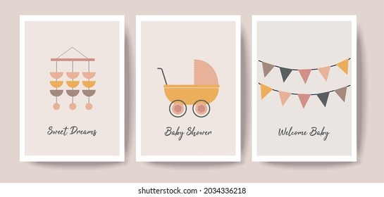 Set of 3 cute boho baby cards in Scandinavian style. Baby shower invitation card or poster.Ideal for kid's room decoration, clothing, prints, anniversary. Vector  Design illustration.
