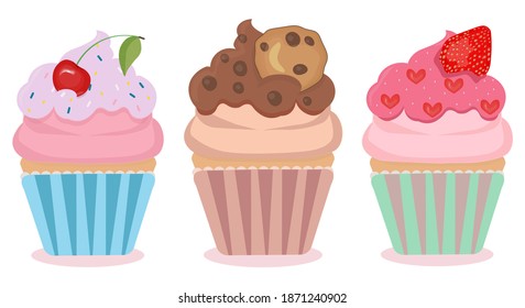 Set of 3 cute cartoon cupcake with different fancy decoration. Collection of cupcakes with cherry, chocolate chip cookie, strawberry and hearts in paper cases in pastel color. Valentines day concept