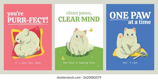 Set of 3 cute cat-themed postcard designs with positive quotes. Minimal vector illustrations: a cat lying on its back, grooming, and raising one paw. Perfect for gifts, mental health decor