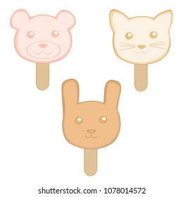 Set of 3 cute character popsicles.  I call them "StrawBEARy", "MEOWnilla", and "ChocoBUNNY", respectively.  Transparent background in vector file.