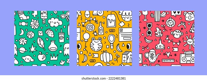 Set of 3 Cute childish linear pattern. Doodle koala,  boy, sun, glass, cacti, radio, flower, kettle, plant, star. Perfect for wrapping paper, printing on the fabric, design package and cover for kids