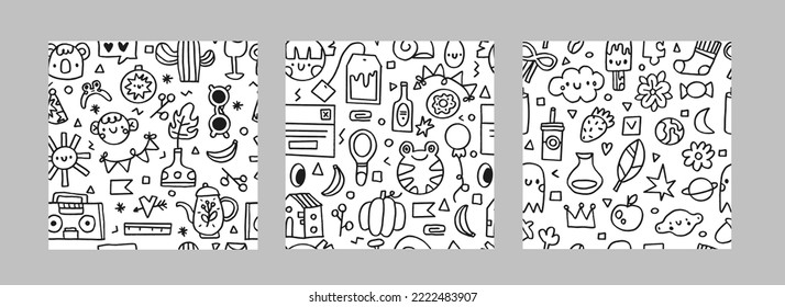 Conjunto de 3 patrones lineales infantiles de corte. Doodle koala, niño, sol, vidrio, cactus, radio, flor, hervidor, planta, estrella. Perfecto para envolver papel, imprimir en la tela, diseñar el paquete y la cubierta para los niños