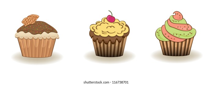 Set of 3 cute cupcakes isolated on white background