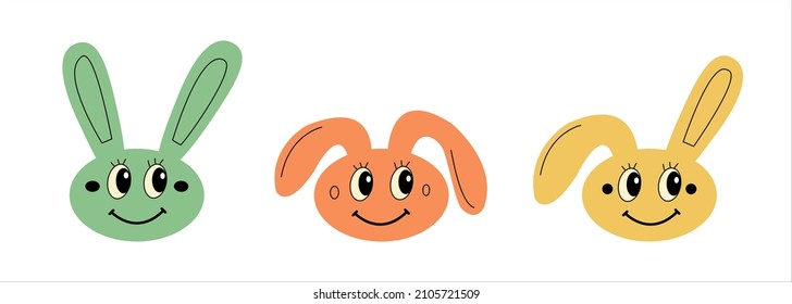 Set of 3 cute easter bunnies smiling for kids party. Happy rabbit head isolated for poster or invitation. Long ears up