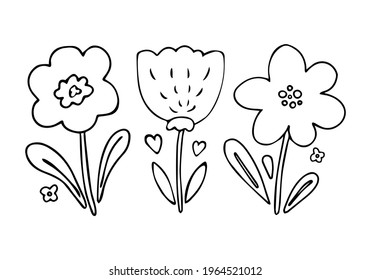 Conjunto de 3 bonitos doodles de flores de estilo sencillo dibujado a mano. Colección vectorial floral de flores de dibujo infantiles y elementos de hojas para el diseño aislados en fondo blanco. Arte de línea de tinta negra