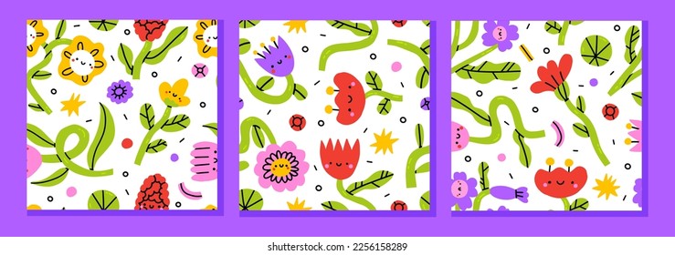 Set of 3 cute funny kawaii smile face flowers pattern.Vector cartoon kawaii character illustration design. Positive smile face,garden bundle set concept. Funny happy daisy with eyes and smile.