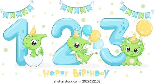 Set of 3 cute green dinosaurs "Happy birthday, 1,2,3 years". Vector illustration of a cartoon.