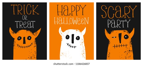 Set of 3 Cute Hand Drawn Halloween Vector Illustrations. Funny Grunge White and Orange Devils.Black and Orange Background.Hand Written Happy Halloween,Trick or Treat and Scary Party. Infantile Design.