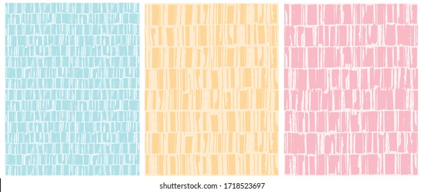 Set of 3 Cute Hand Drawn Irregular Geometric Vector Patterns. Pink, Yellow and Blue Stripes on a Pastel Background. Infantile Style Abstract Graphic. Simple Creative Repeatable Grunge Design.