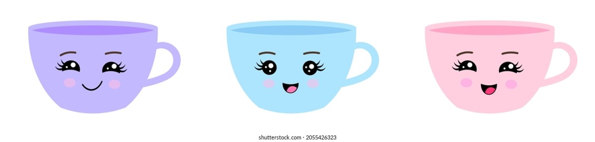 Set of 3 cute happy funny coffee mugs. Kawaii cup. Smiling cartoon character. Purple, blue and pink mugs	