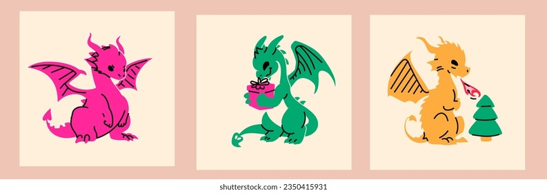 A set of 3 cute new year dragons. Square cards for social media. Vector contemporary illustration 