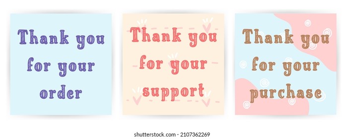 Set 3 of cute pastel color square cards with hand draw doodle line art in minimalism style . Idea for customer thank you card Valentine's day theme,lovely and adorable
