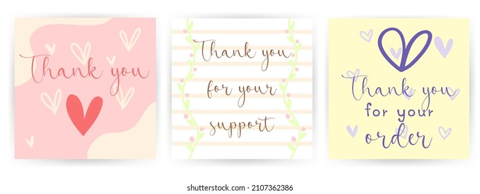 Set 3 of cute pastel color square cards with hand draw doodle line art in minimalism style . Idea for customer thank you card Valentine's day theme,lovely and adorable