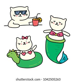 Set of 3 cute summer cats: mermaid cat and cat drinking cocktail. Isolated on white vector hand drawn doodle color illustration