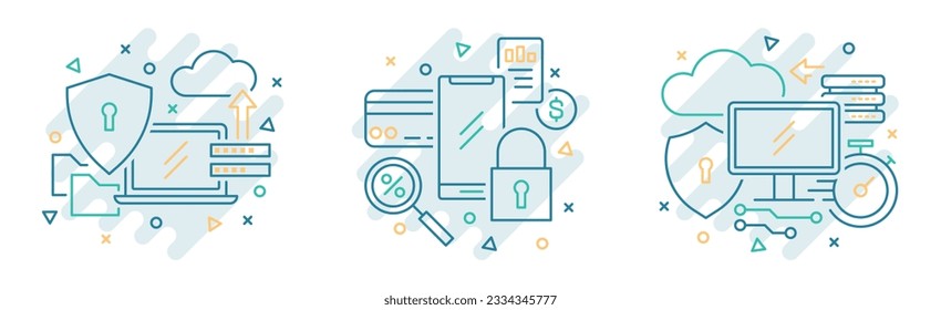 Satz von 3 Illustrationen für Cybersicherheit-Symbol-Strich-Linie. Datensicherheit, Datenschutz, Gerätedatenbank, personenbezogene Daten. Vectorisolierter Begriff