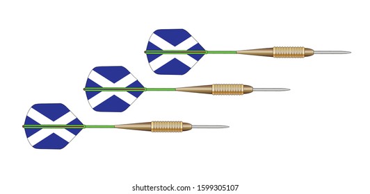 A set of 3 darts with flights in the form of the Scotland cross flag on a white background