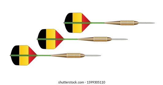 A set of 3 darts with flights in the form of the Belgium flag on a white background