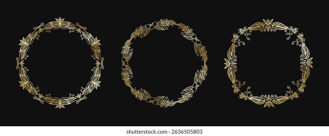 Set of 3 decorative round golden frames. Features intricate floral, leafy, and filigree patterns, mehandi inspired. Elegant design elements on a black background. Vector illustration.