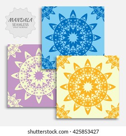Set of 3 Decorative seamless ethnic mandala patterns. Hand drawn round geometric mandala ornament, bandanna shawl, carpet design. Vector decoration doodle floral mandala background, seamless texture
