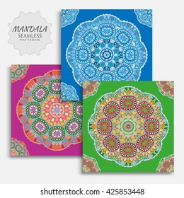 Set of 3 Decorative seamless ethnic mandala patterns. Hand drawn round geometric mandala ornament, bandanna shawl, carpet design. Vector decoration doodle floral mandala background, seamless texture