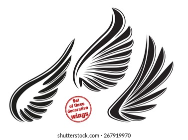 Set of 3 decorative vector wings with stylish outline