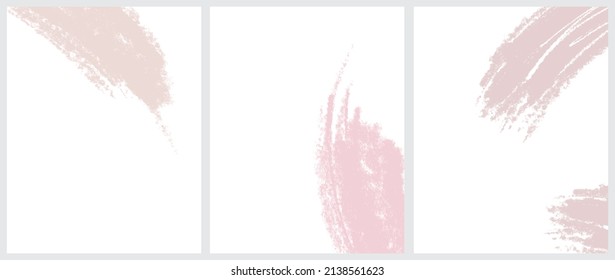 Set of 3 Delicate Abstract Crayon Drawing Style Vector Layouts. Light Pink and Coral Paint Stains on a White Background. Pastel Color Stains and Splatter Print Set.