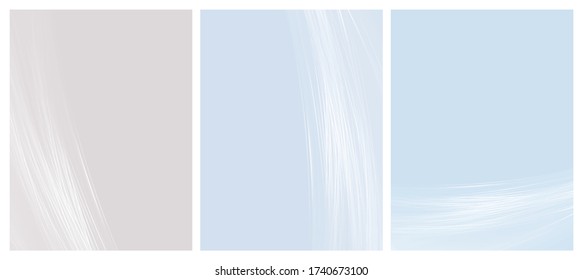 Set of 3 Delicate Abstract Geometric Vector Layouts. White Blurred Irregular Lines on a Gray and Light Blue Backgrounds. Motion Lines Print. Pastel Color Geometric Vector Design. Blanks without Text.