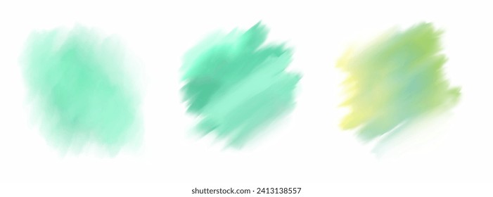 Set of 3 Delicate Abstract Hand Painted-like Vector Layouts. Light Mint Green and Light Turquoise Blue Paint Stains on a White Background. Pastel Color Stains Print Set. RGB.
