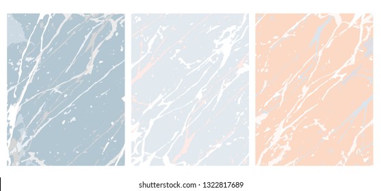 Set of 3 Delicate Abstract Marble Vector Layouts. White, Pink and Grey Irregular Lines on a Blue and Pink Background. 2 Different Shades of Blue Color. Soft Marble Stone Style Art. Pastel Color Design