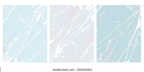 Set of 3 Delicate Abstract Marble Vector Layouts. White, Pink and Grey Irregular Lines on a Blue Background. 3 Different Shades of Blue Color. Soft Marble Stone Style Illustration. Pastel Color Design
