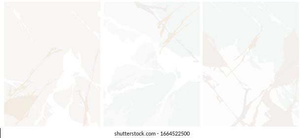 Set of 3 Delicate Abstract Marble Vector Layouts. White, Beige and Grey Irregular Lines on a White Background. Soft Marble Stone Style Print. Pastel Color Geometric Vector Design.