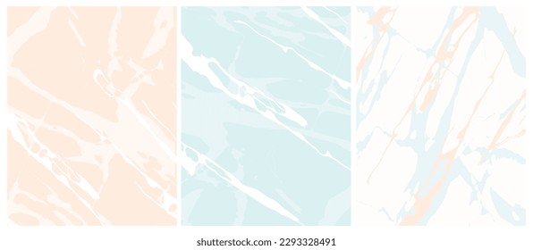 Set of 3 Delicate Abstract Marble Vector Layouts. Freehand Irregular Lines Isolated on a Light Coral, Pastel Blue and White Background. Soft Marble Stone Style Art. Pastel Color Blank Set. 	
