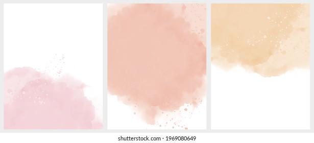 Set of 3 Delicate Abstract Watercolor Style Vector Layouts. Light Yellow and Pastel Pink Paint Stains on a White Background. Pastel Color Stains and Splatter Print Set. Digital Painting.