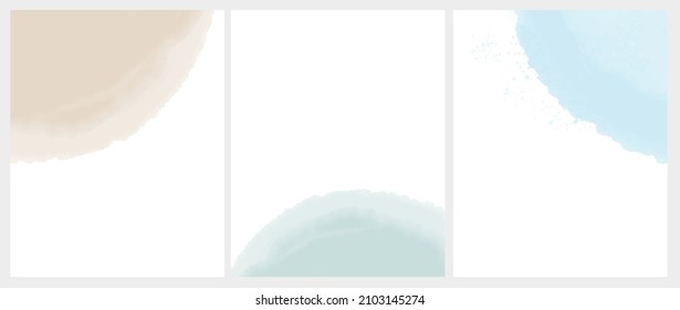 Set of 3 Delicate Abstract Watercolor Style Vector Layouts. Light Beige, Mint Green and Pastel Blue Paint Stains on a White Background. Pastel Color Stains and Splatter Print Set.