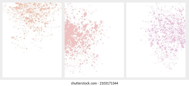 Set of 3 Delicate Abstract Watercolor Style Vector Layouts. Light Pink and Coral Red Paint Stains and Splashes on a White Background. Pastel Color Stains and Splatter Print Set.