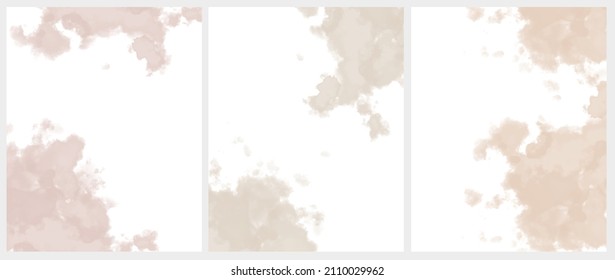 Set of 3 Delicate Abstract Watercolor Style Vector illustration with Light Beige, Pale Red and Gold Paint Stains on a White Background. Pastel Color Splashes and Splatter Print Set.