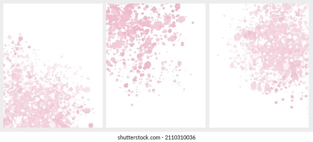 Set of 3 Delicate Abstract Watercolor Style Vector illustration with Light Pink Paint Stains on a White Background. Pastel Color Splashes and Splatter Print Set.