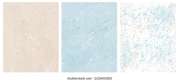 Set of 3 Delicate Abstract Watercolor Style Vector illustration with Light Blue and Beige Paint Stains on a White Background. Pastel Color Splashes and Splatter Print Set.