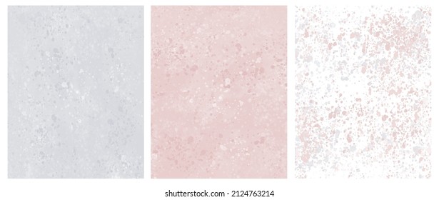 Set of 3 Delicate Abstract Watercolor Style Vector illustration with Light Pink and Gray Paint Stains on a White Background. Pastel Color Splashes and Splatter Print Set.