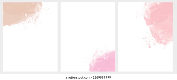 Set of 3 Delicate Abstract Watercolor Style Vector Layouts. Light Coral and Pale Pink Paint Stains on a White Background. Pastel Color Stains and Splatter Print Set.	