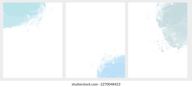 Set of 3 Delicate Abstract Watercolor Style Vector Layouts. Light Blue and Pale Mint Blue Paint Stains on a White Background. Pastel Color Stains and Splatter Print Set.	
