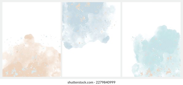 Set of 3 Delicate Abstract Watercolor Style Vector Layouts with Space to text. Light Beige and Blue Paint Stains on a White Background. Pastel Color Irregular Stains and Splatter Print Set. No text.
