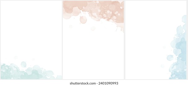 Set of 3 Delicate Abstract Watercolor Style Vector Layouts. Light Beige and Blue Paint Stains on a White Background. Pastel Color Stains and Splatter Print Set. RGB.