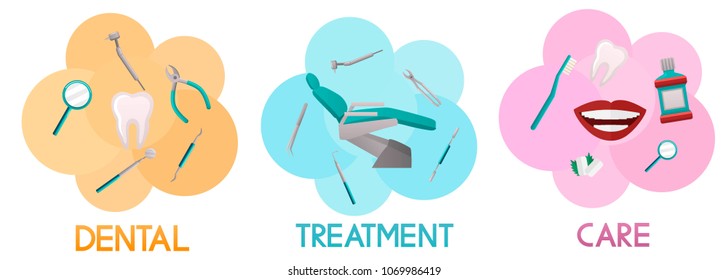 Set of 3 dentistry illustration with dental and orthodontics instruments and tools,dental care. Medical, stomatology vector banners