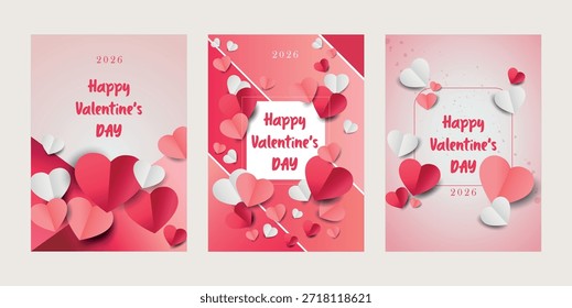 Set of 3 Design Happy valentine’s day sale banner template. special discount promotion sale offer with red hearts, sweet heart background for valentine online shop, store, advertising, web and social media post