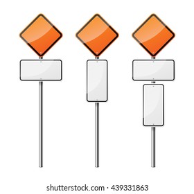 Set of 3 diamond-shaped blank road signs, isolated on white background. EPS10 vector illustration.