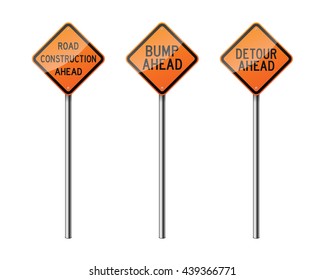 Set of 3 diamond-shaped road signs, isolated on white background. Road works. EPS10 vector illustration.