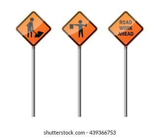 Set of 3 diamond-shaped signs, isolated on white background. Road works. EPS10 vector illustration.