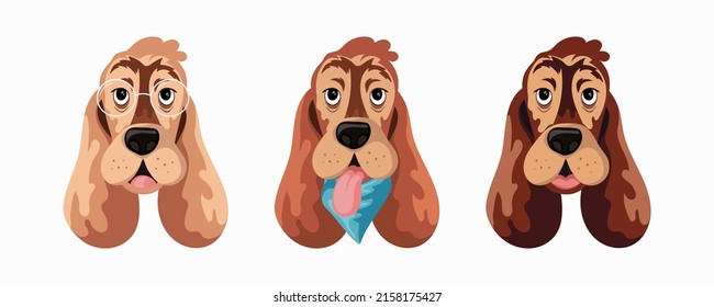 Set of 3 different Basset dogs faces. Dogs with glasses, headscarf and tongue hanging out.
Funny cartoon character in vector illustration. Can be used as drawing for t-shirt or poster.